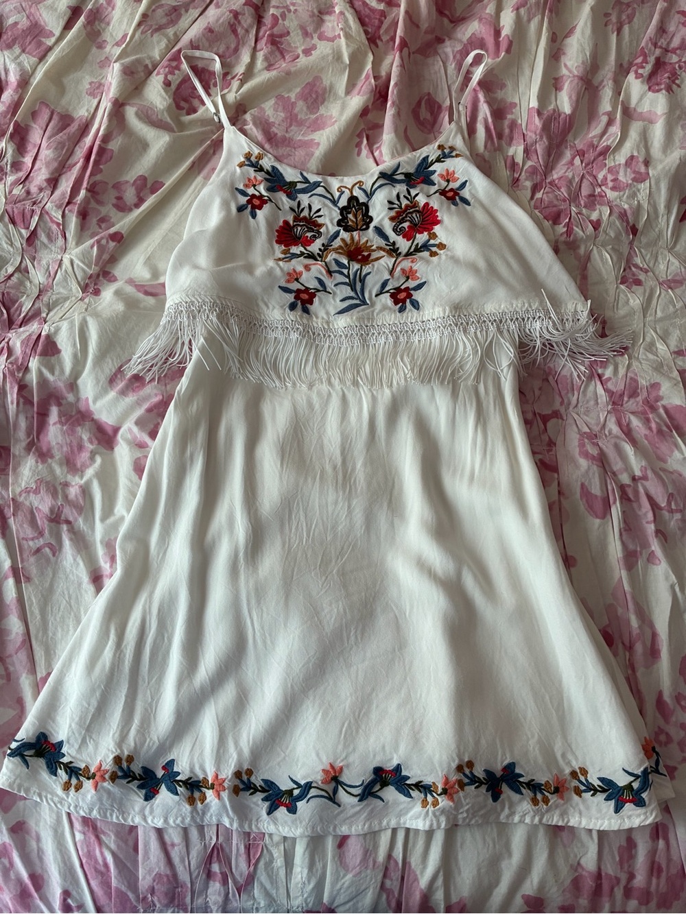 Abercrombie & Fitch White Embroidered Fringe Mini Dress